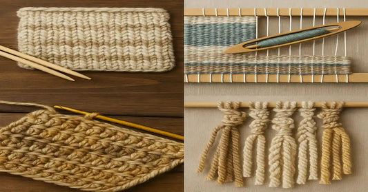 Titelbild mit Stricken, Weben, Häkeln und Makramee aus handgesponnenem Garn