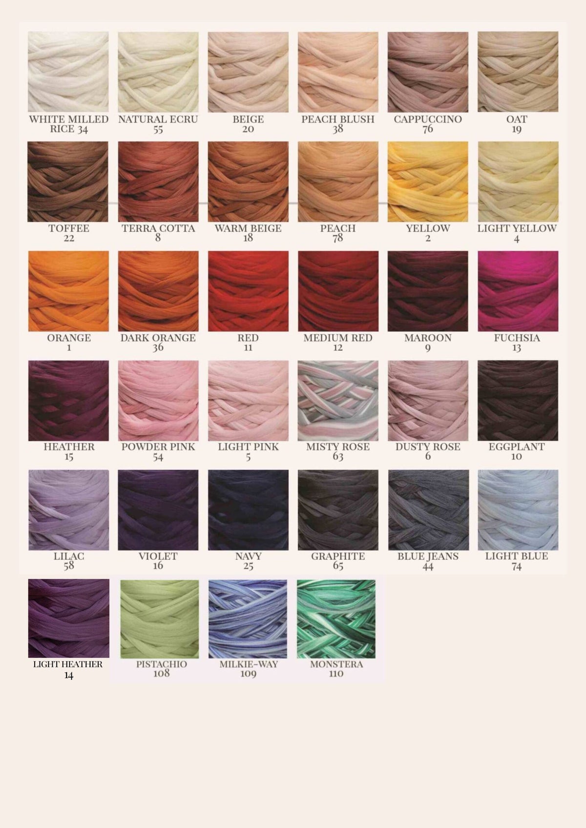 Kromski Merino Kammzug Standard Farbkarte mit Naturtönen, Rot, Rosa und Blautönen