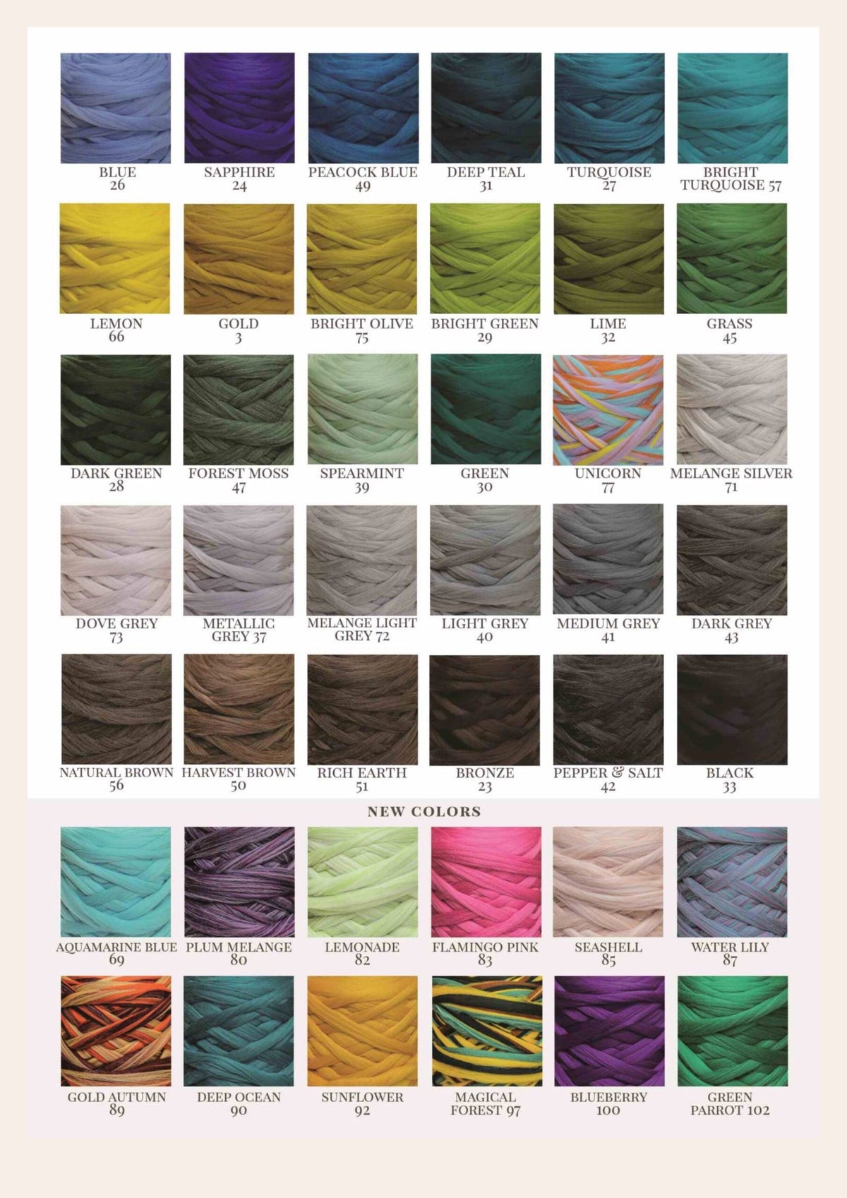 Kromski Merino Kammzug Standard Farbkarte mit Grün, Grau, Braun und neuen Farben