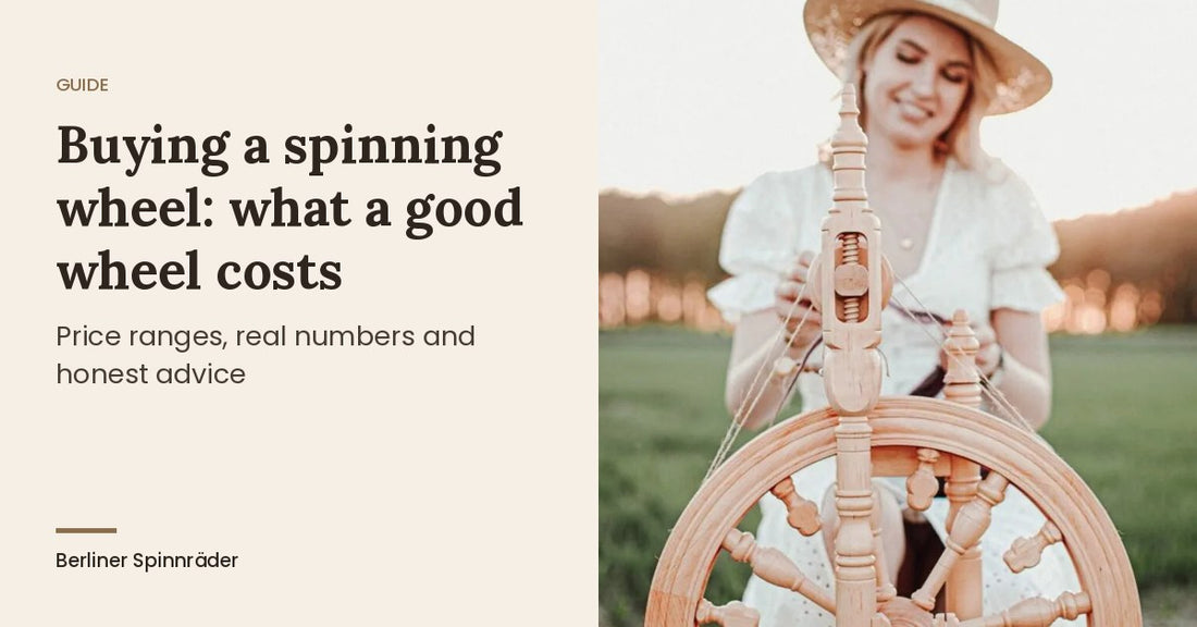 Buying a spinning wheel: Kromski Minstrel spinning wheel in natural wood in a meadow