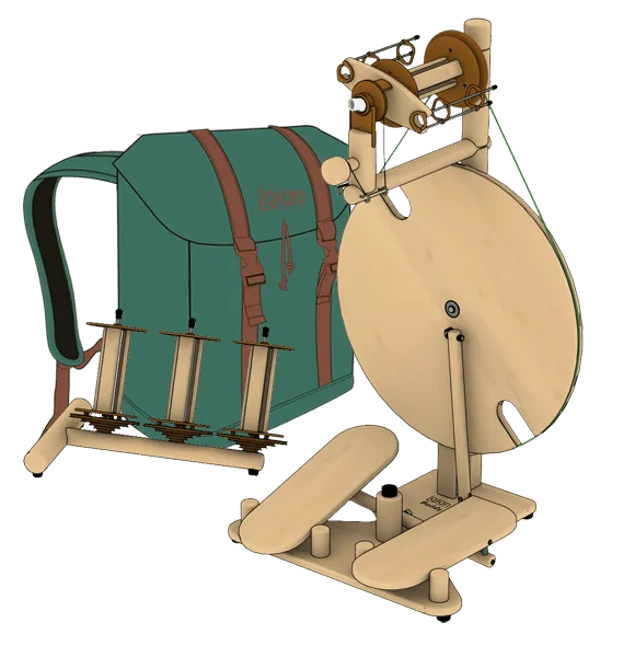 Lojan Travel Buddy Spinnrad mit Doppeltritt, offenem Flyer, Lazy Kate und grünem Rucksack – tragbares Spinnrad aus Holz für unterwegs