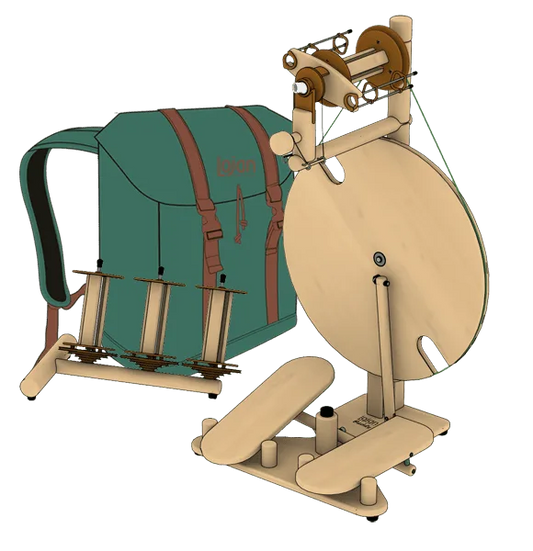 Lojan Travel Buddy Spinnrad mit Doppeltritt, offenem Flyer, Lazy Kate und grünem Rucksack – tragbares Spinnrad aus Holz für unterwegs