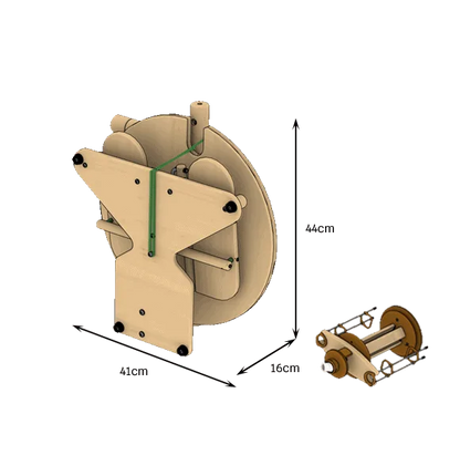 Lojan Travel Buddy Spinnrad von hinten zusammengeklappt mit Maßangaben – platzsparendes Design mit kompakten Abmessungen